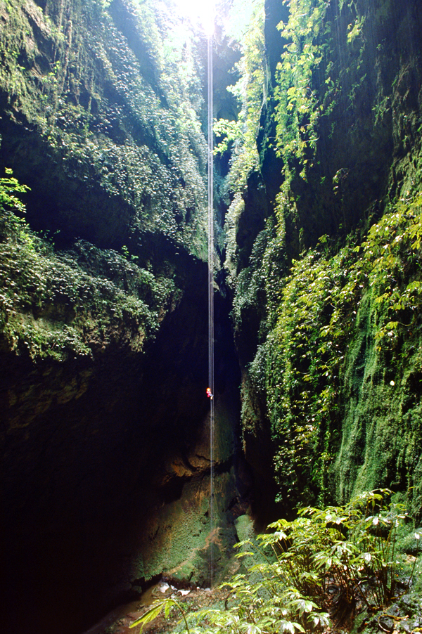 Abseilen aus 100 Metern Höhe hinab zum Eingang der 'Verlorenen Welt', Waitomo Caves, Nordinsel, Neuseeland