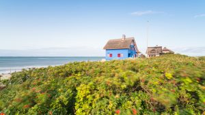 Historisches Strandhaus mit blauer Fassade und Reetdach auf der Halbinsel Graswarder an der Ostseeküste bei Heiligenhafen in Schleswig-Holstein, Deutschland