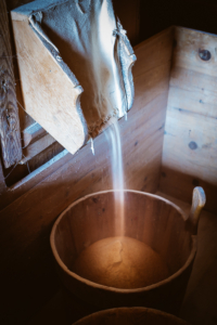 Mehl rieselt aus dem hölzernen Mahlwerk in einem Eimer im Innern der historischen Getreidemühle im Mühlental von Campill, Südtirol, Italien