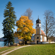 Die barocke Kirche St. Margareth auf der Halbinsel Zwergern im Walchensee mit herbstlich gefärbten Bäumen, Bayern, Deutschland