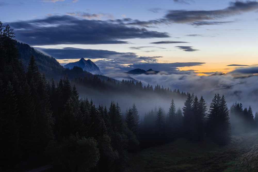 Nebelschwaden ziehen nach einem Sommergewitter in der Abenddämmerung durch die Bergwälder an der Ackernalm, Tirol, Österreich
