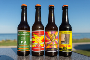 Bierflaschen mit bunten Etiketten der Ebeltoft Craft Beer Brauerei, Djursland, Jütland, Dänemark