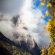 Wolken ziehen um die Felstürme der Dolomiti die Brenta vor herbstlich gefärbtem Bergwald, Malfein, Trentino, Italien