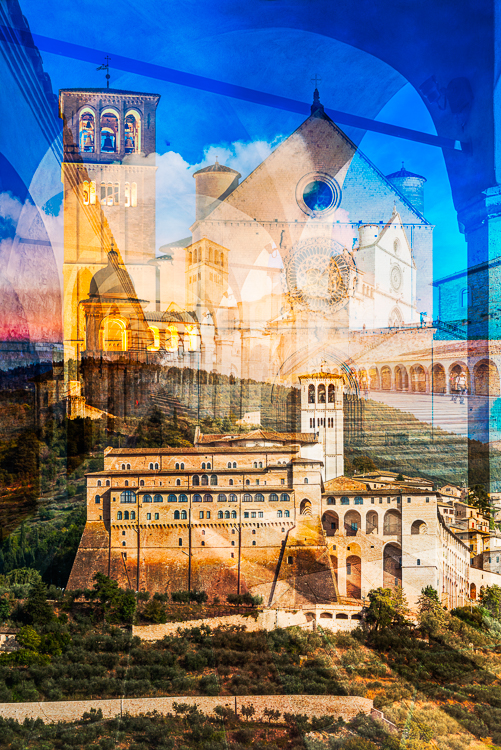 Collage mit Konvent und Basilika des Hl. Franziskus von Assisi, Umbrien, Italien