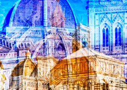Collage von Glockenturm, Baptisterium, Hauptportal und Kuppel des Doms zu Florenz Santa Maria del Fiore im warmen Sonnenlicht, Toskana, Italien