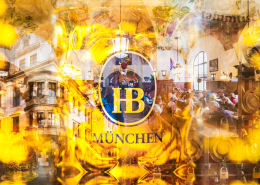 Collage vom Hofbräuhaus München mit Masskrügen, Schwemme und